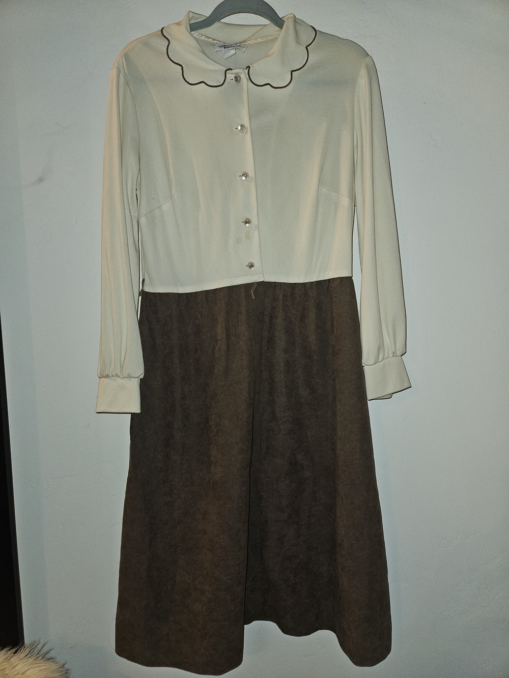 Two-Tone Cream Blouse & Brown A-Line Dress
